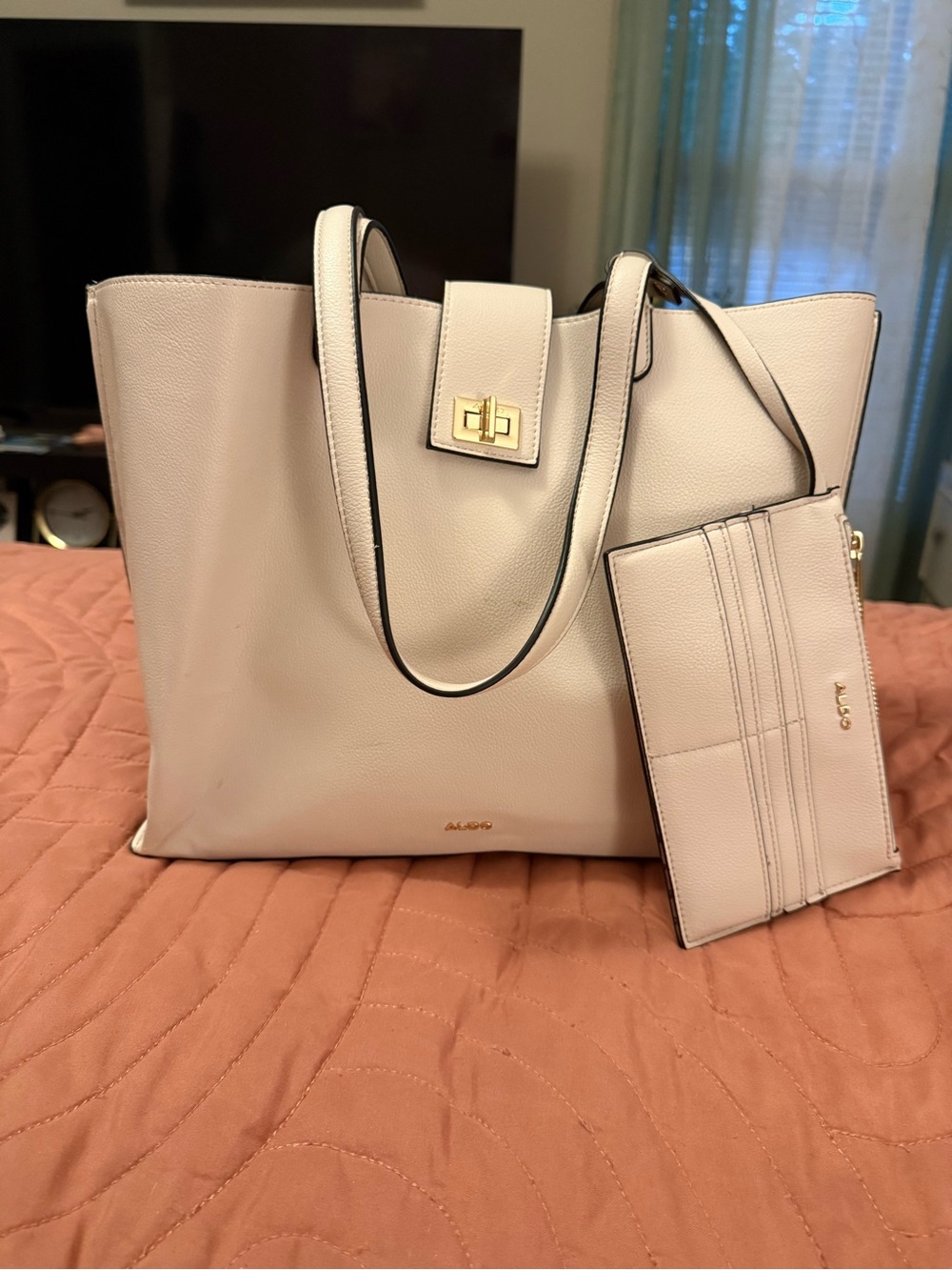 Aldo Light Cream Pebbled Leather Tote with Matching Wristlet